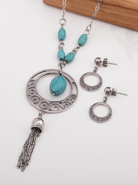 

Tistabene Silver Toned Western Style Tassel Chains Necklace Set, Blue