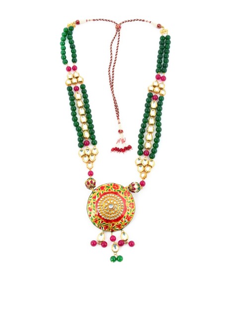 

Tistabene Gold-Plated Green & Red Traditional Jadau Beaded Necklace Jewellery Set
