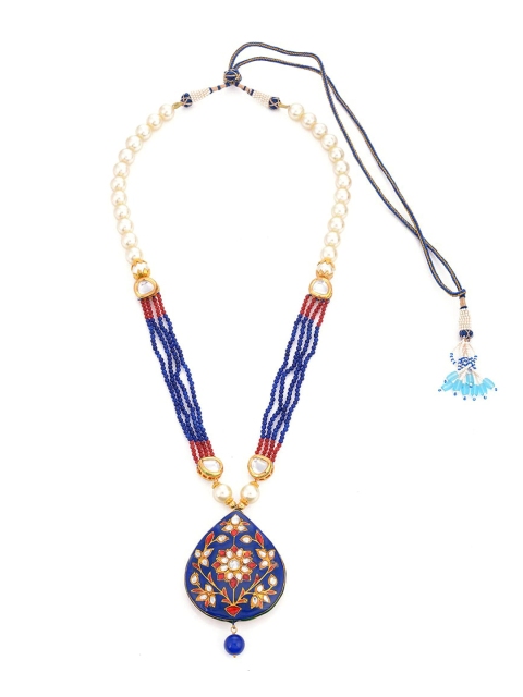 

Tistabene Women Blue & Red Traditional Kundan Meenakari Beaded Necklace Set, Gold