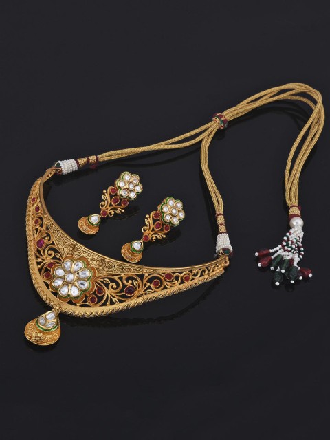 

Tistabene Red & Gold-Plated Traditional Floral Filigree Necklace Set