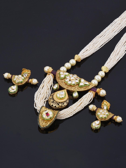 

Tistabene Women Gold-Plated Green & Off-White Traditional Pearl Beaded Necklace Set