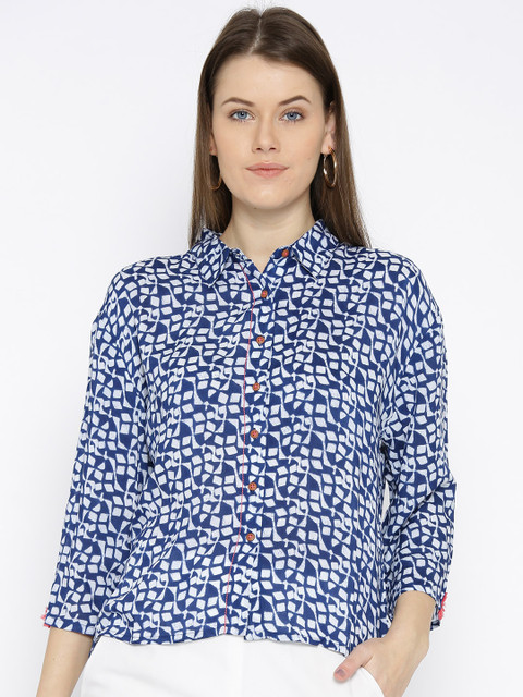 

Global Desi Women Blue Printed Shirt Style Top