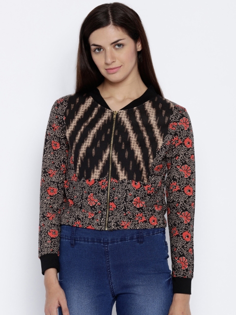 

Global Desi Black Floral Print Crop Jacket