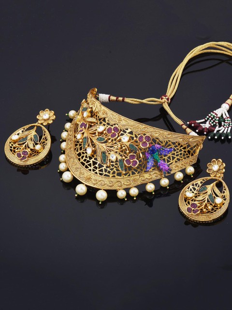 

Tistabene Gold Toned Peacock Designer Fusion Kundan and Pearls Choker Necklace Set