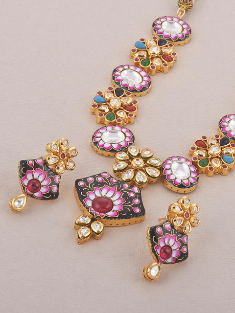 

Tistabene Gold-Plated White Kundan Stone Studded Traditional Meenakari Jewellery Set