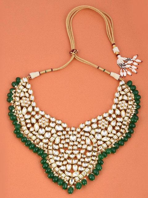 

Tistabene Green & Gold-Plated Traditional Bridal Heavy Kundan Meena Necklace Set