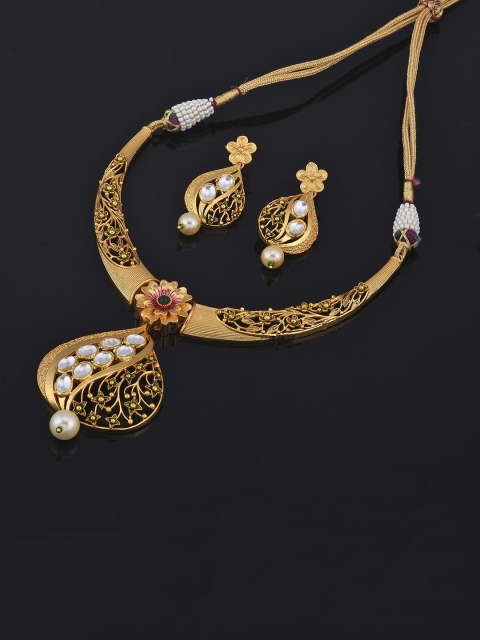

Tistabene Green & Gold-Plated Floral Designer Filigree Polki Necklace Set