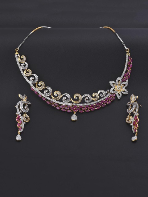 

Tistabene Red Floral Red Stones Two Tone Plated Designer Necklace Set