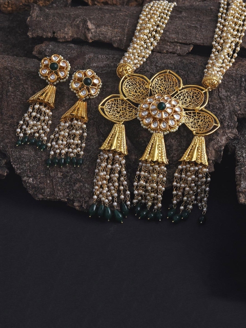 

Tistabene Green & Gold-Plated Floral Jali Work Kundan Meena Designer Necklace Set
