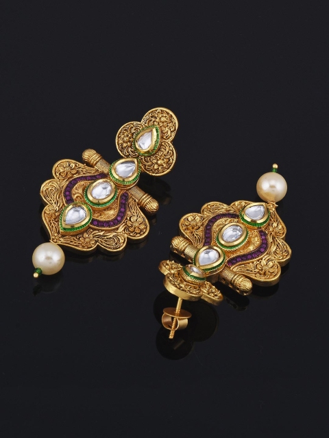

Tistabene Gold Toned Traditional Golden Emboss Kundan Polki Pearls Necklace Set