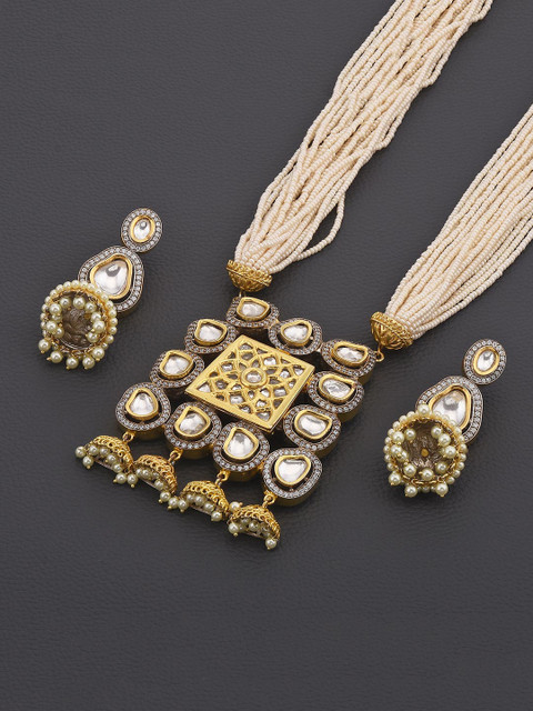 

Tistabene Gold-Plated White Kundan Stone-Studded & Beaded Jewellery Set