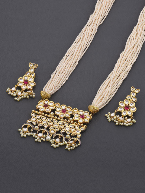 

Tistabene Gold-Plated White & Red Stone-Studded & Beaded Jewellery Set