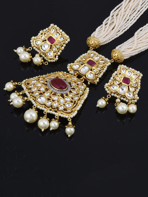 

Tistabene Gold-Plated White & Red Stone-Studded & Beaded Jewellery Set