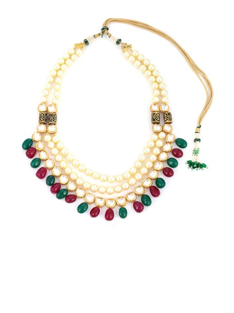 

Tistabene Red & Gold-Plated Traditional Kundan Meena Beaded Necklace Set