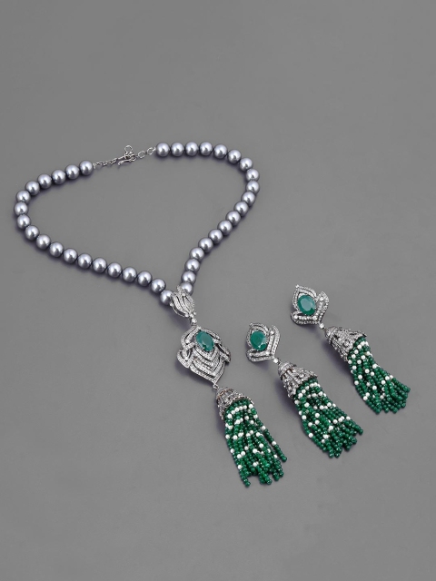 

Tistabene Rhodium-Plated Green & White Stone-Studded & Beaded Jewellery Set, Silver