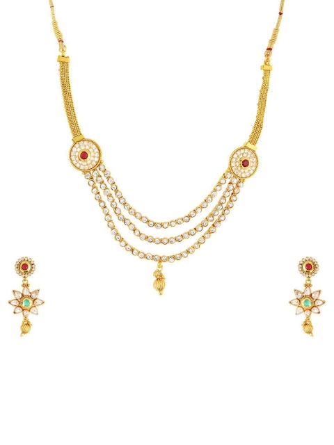 

Tistabene Gold-Plated Red & White Stones-Studded Traditional Jewellery Set