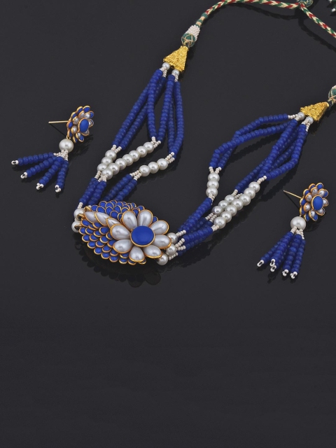 

Tistabene Gold-Plated Blue & White Stone Studded Pacchi Work Jewellery Set