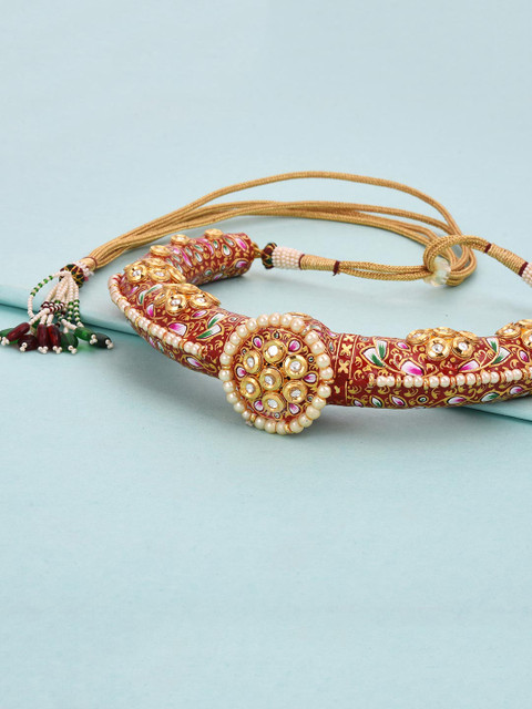 

Tistabene Gold-Plated White & Pink Stone-Studded & Beaded Meenakari Jewellery Set