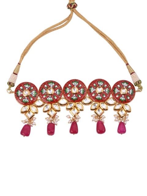 

Tistabene Woman Red Floral Red Meenakari Kundan Meena Choker Necklace Set