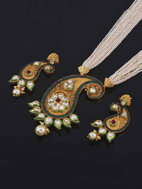 

Tistabene Kundan Colored Stones and Pearls Fusion Designer Necklace Set, Red