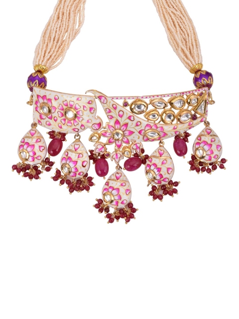 

Tistabene Floral White Meenakari Kundan Meena Traditional Choker Necklace Set, Red
