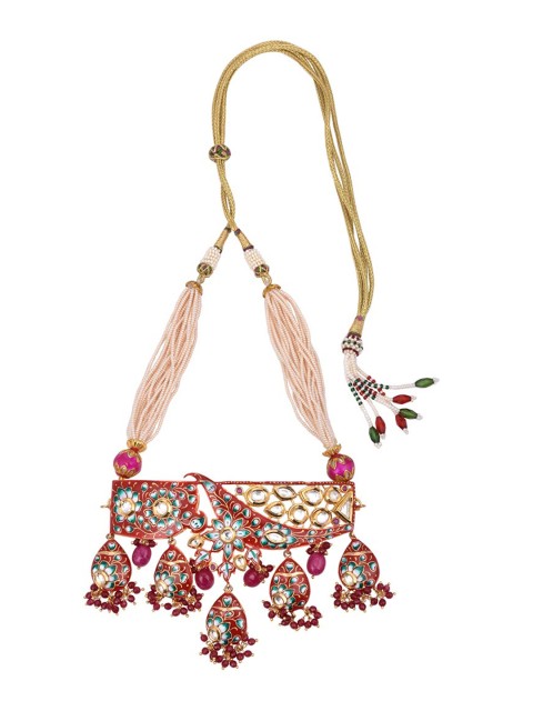 

Tistabene Gold-Plated Red Floral Kundan Studded Meenakari Traditional Choker Jewellery Set