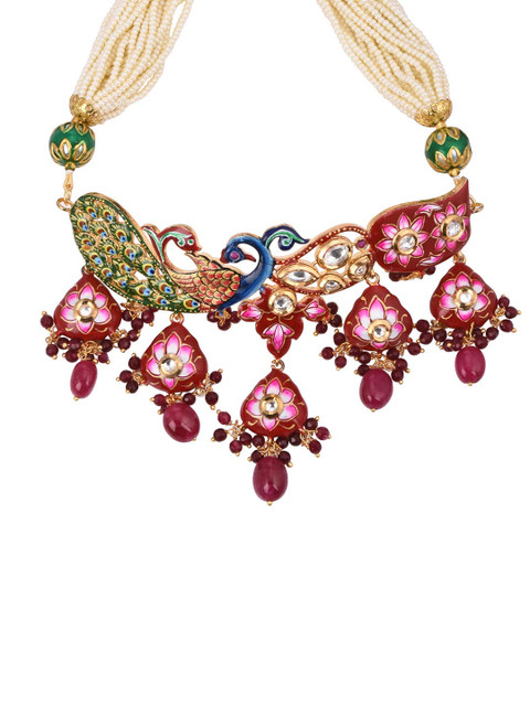 

Tistabene Woman Red Peacock Meenakari Kundan Meena Traditional Choker Necklace Set
