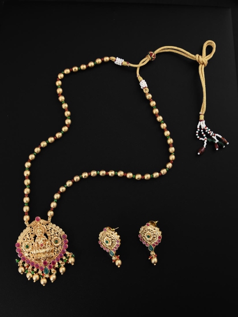 

Tistabene Gold-Plated Green & Pink Traditional Kundan Studded Meenakari Jewellery Set