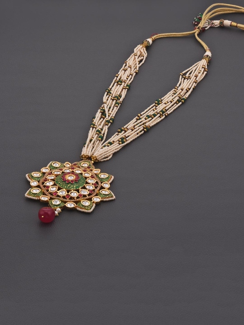 

Tistabene Gold-Plated Red & White Stone-Studded Green Enameled Jewellery Set