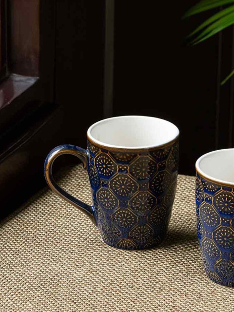 

ExclusiveLane Navy Blue & Yellow Printed Moroccan Night Sky Ceramic Glossy Coffee Mugs