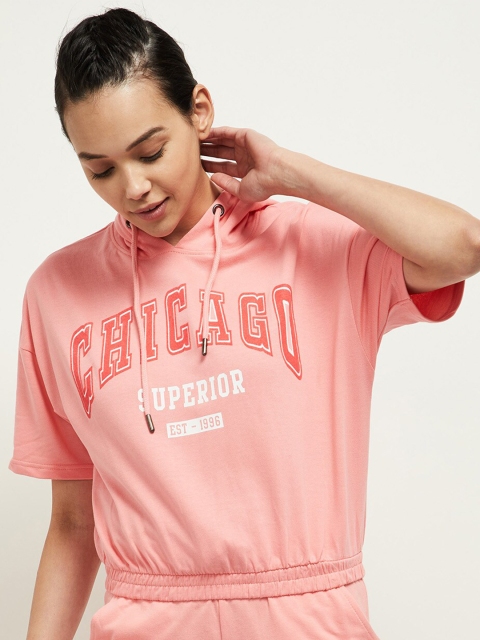 

max Women Pink Typography Printed Pure Cotton Hooded T-shirt