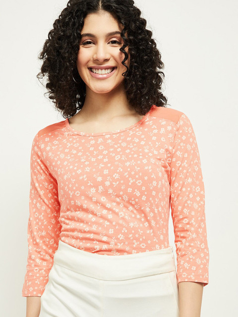 

max Women Peach-Coloured Floral Printed Pure Cotton T-shirt