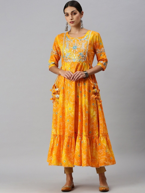 

SHOWOFF Women Yellow Yoke Design Keyhole Neck Anarkali Kurta