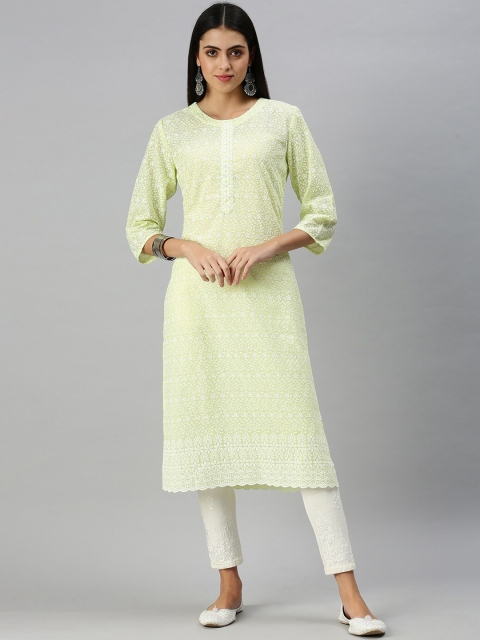 

SHOWOFF Women Lime Green & White Floral Embroidered Chikankari Kurta