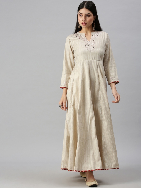 

SHOWOFF Women Beige & Off White Yoke Design Thread Work Kurta
