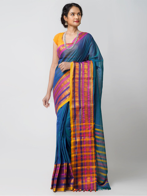 

Unnati Silks Blue & Yellow Zari Pure Cotton Handloom Sustainable Pavani Narayan Peth Saree