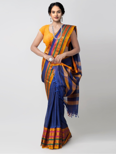 

Unnati Silks Blue Woven Design Pure Handloom Sustainable Pavani Narayanpet Cotton Saree