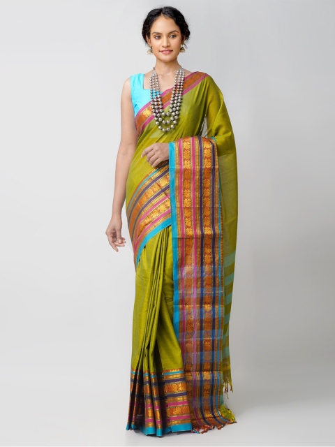 

Unnati Silks Olive Green & Pink Zari Pure Cotton Narayan Peth Saree