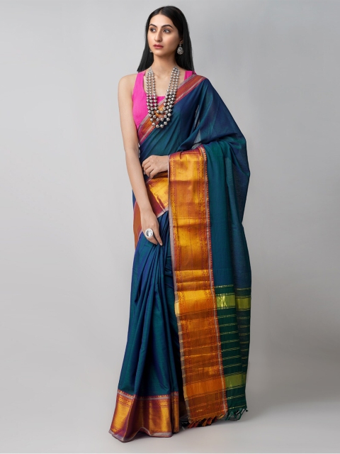 

Unnati Silks Blue & Gold-Toned Ethnic Motifs Zari Pure Cotton Narayan Peth Saree