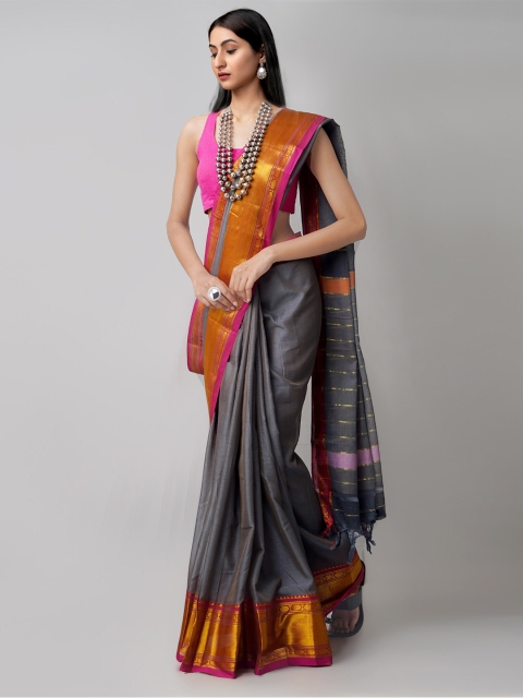 

Unnati Silks Grey & Pink Striped Pure Cotton Handloom Sustainable Narayan Peth Saree