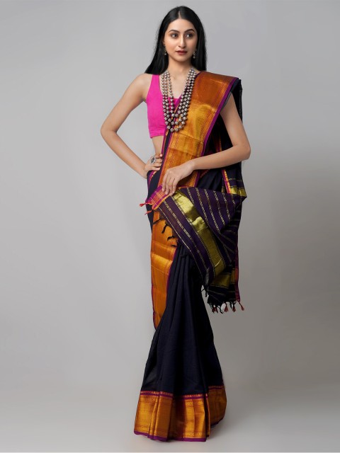 

Unnati Silks Black & Purple Woven Design Cotton Handloom Sustainable Narayan Peth Saree