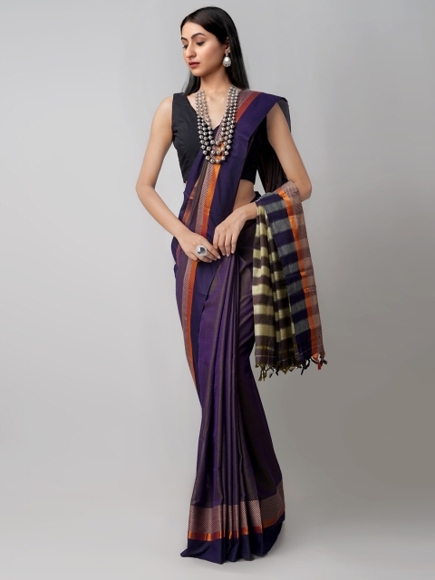 

Unnati Silks Navy Blue & Orange Pure Cotton Chettinad Saree
