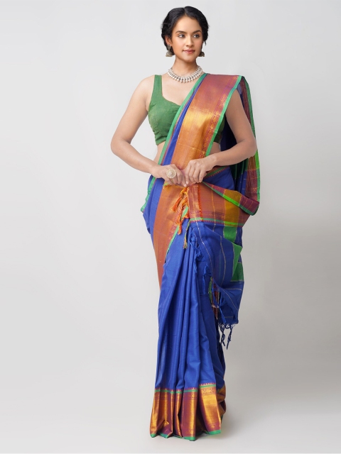 

Unnati Silks Blue & Green Striped Pure Cotton Handloom Sustainable Narayan Peth Saree