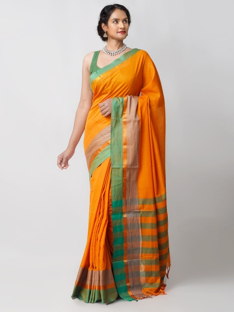 

Unnati Silks Orange & Green Zari Pure Cotton Handloom Sustainable Pavani Chettinad Saree