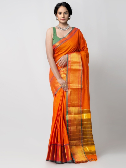 

Unnati Silks Orange Woven Design Pure Handloom Sustainable Pavani Narayanpet Cotton Saree