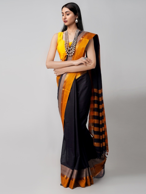 

Unnati Silks Black & Orange Zari Pure Cotton Chettinad Saree