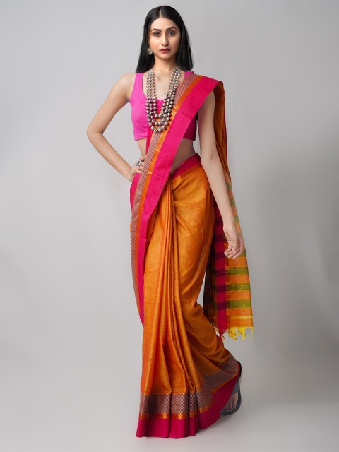 

Unnati Silks Orange & Fuchsia Woven Design Zari Pure Cotton Chettinad Saree