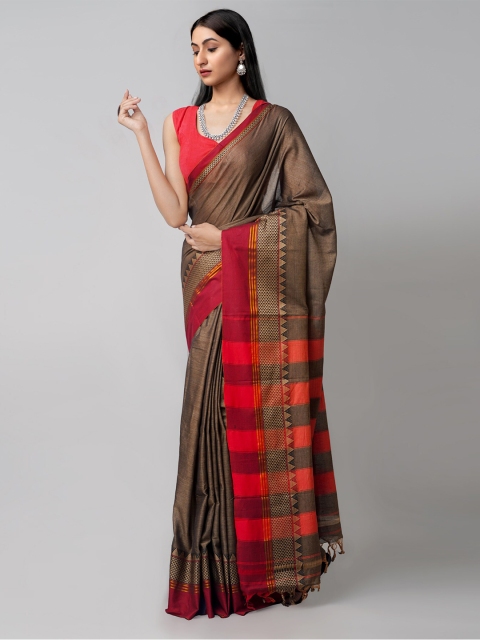 

Unnati Silks Grey & Maroon Woven Design Pure Cotton Kanjeevaram Saree