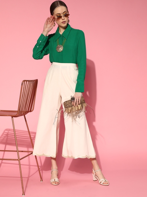 

Libas Women Classic Off-White Solid Scalloped Edge Palazzos