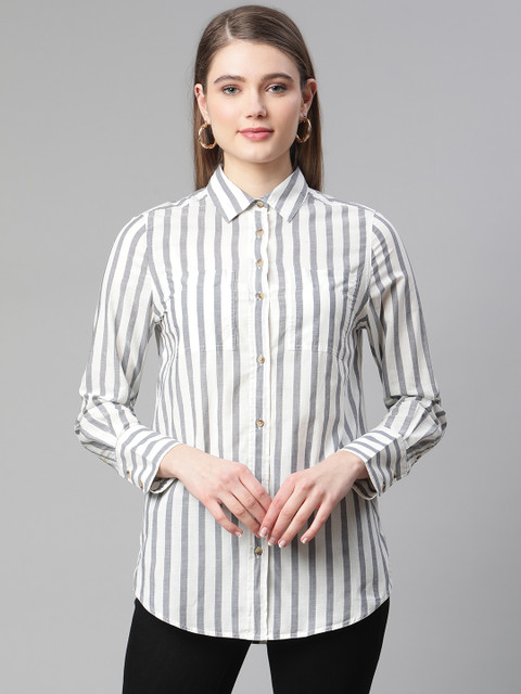 

Marks & Spencer Women Off White Striped Pure Cotton Casual Shirt
